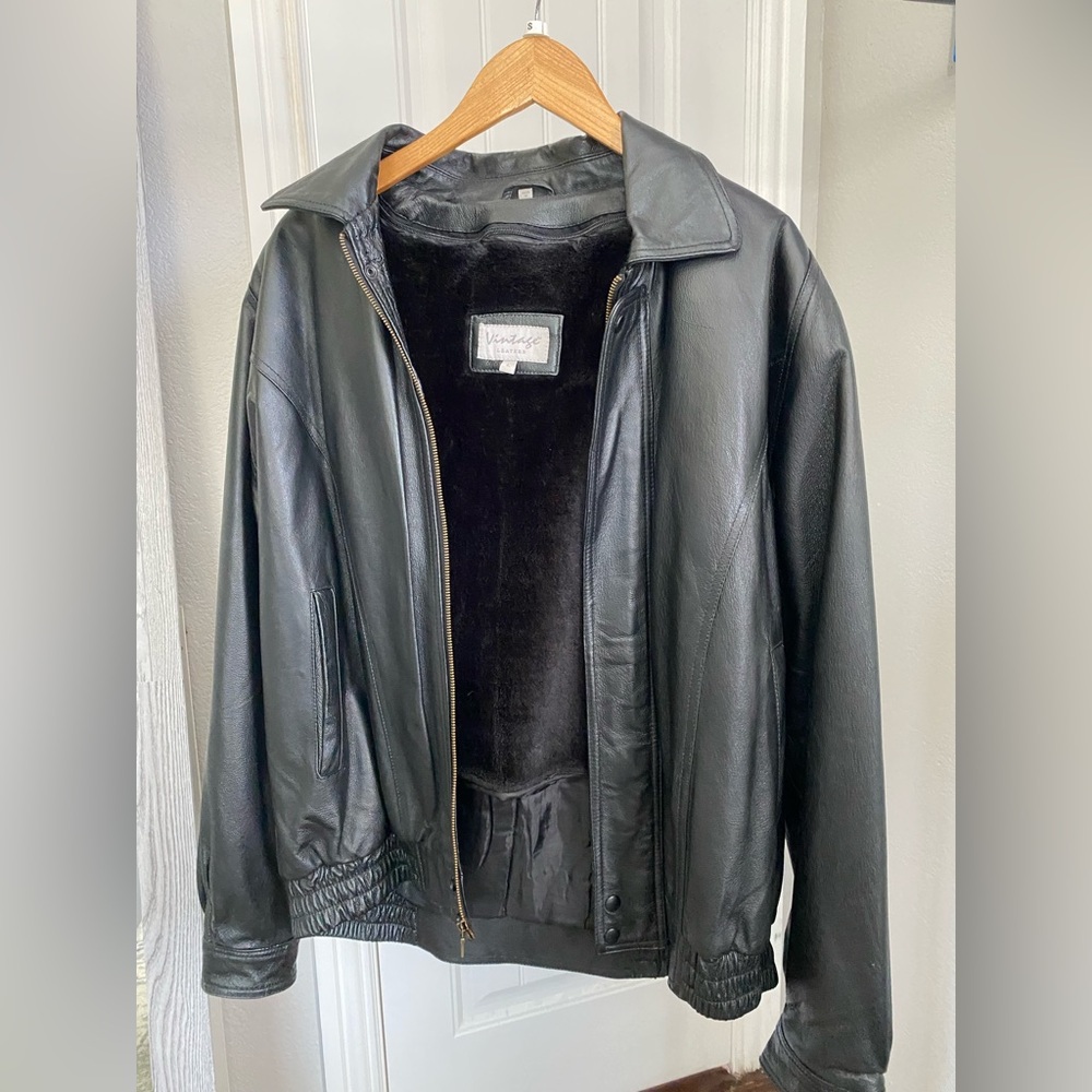 Vintage Black Leather Jacket with Sherpa Lining